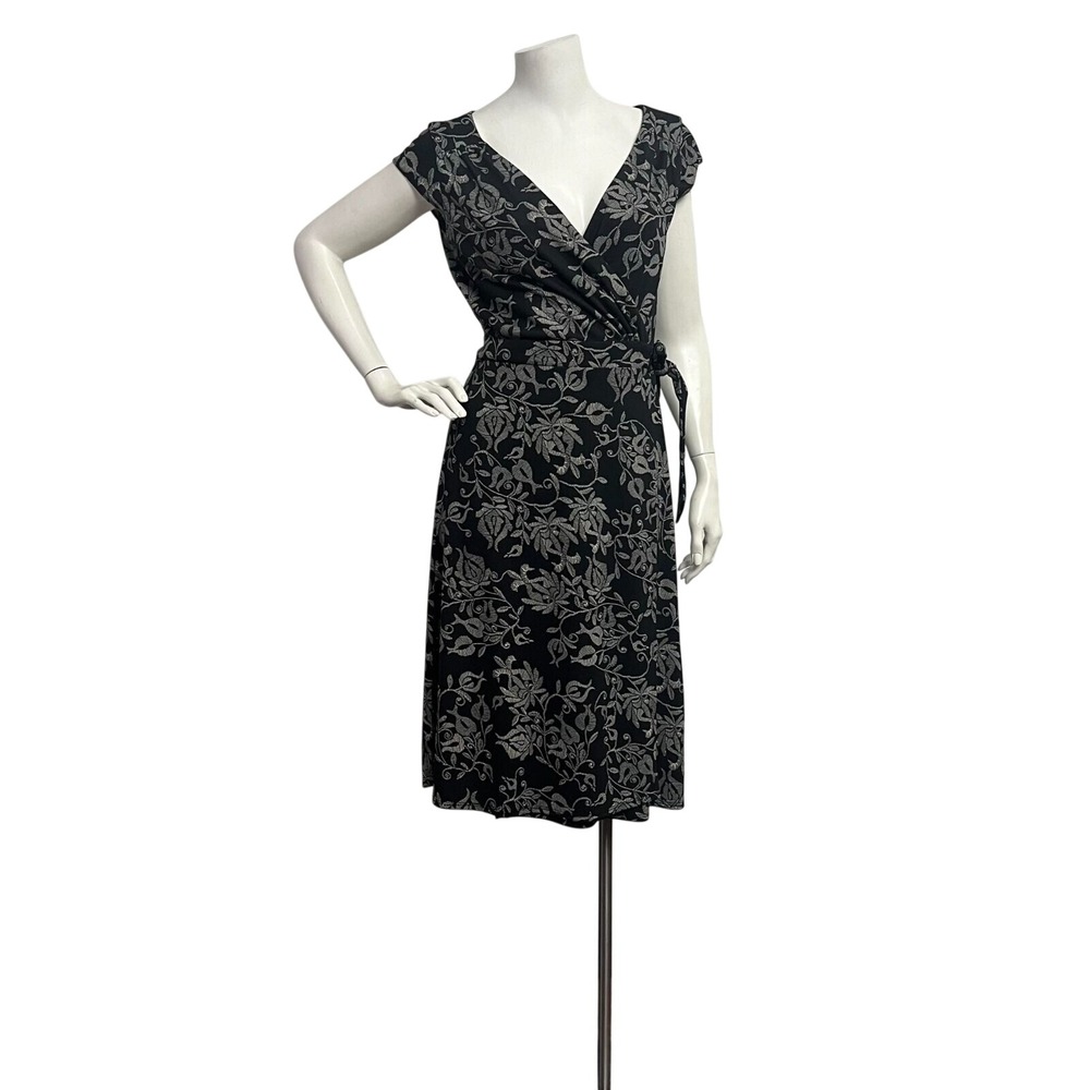 Ann Taylor LOFT True Wrap Dress Black Floral Print Womens Szβ 4 Short Cap Sleeve